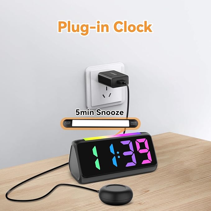 Netzu Alarm Clocks for Bedrooms Heavy Sleepers, Vibrating Alarm Clock with Bed Shaker, Night Light, RGB Display, Dimmer, Snooze for Hearing Impaired People (Black)
