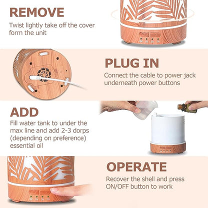 Essential Oil Diffuser Metal Aromatherapy Oil Diffusers for Large Room,Water Plants Pattern Ultrasonic Cool Mist Diffuser with Waterless Auto Shut-Off Protection,for Home Office,300ML