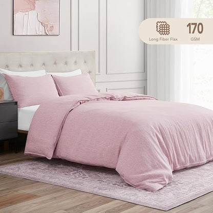 DAPU Pure Linen Duvet Cover Set, 100% Yarn-Dyed French Linen, Breathable and Durable for Hot Sleepers, 1 Duvet Cover and 2 Pillowcases (Smokey Pink, King)