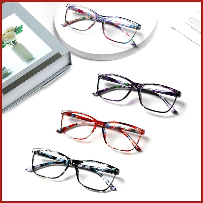 Henotin 4 Pack Ladies Reading Glasses Blue Light Blocking Spring Hinge Readers Anti Eyestrain Computer Eyeglasses (Multicolor-4, 2.0)