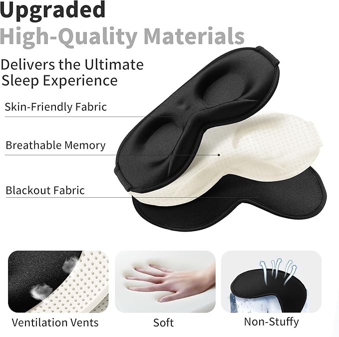 3D Sleep Mask for Men Women 2 Pack, Blackout Eye Mask for Sleeping Eye Mask for Side Sleeper, Memory Foam Adjustable&Washable, Airplane Travel Essentials Couples Yoga Meditation Office Black-Ice Silk