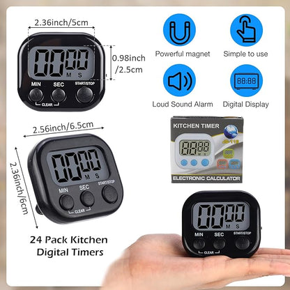 Leumoi 24 Pcs Digital Kitchen Timers Magnetic Back Timers Bulk Large Screen Loud Alarm On/Off Switch Minute Second Count up Countdown Memory Setting for Cooking Classroom Exercise (Black)