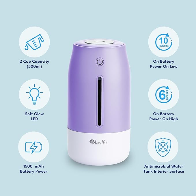 LivePure Cool Mist Humidifiers for Bedroom. Small Humidifier for Babies, Nursery, Plants, Office. Ultrasonic Cool Mist Humidifier w/Quiet Operation, USB-C Rechargeable. Lavender