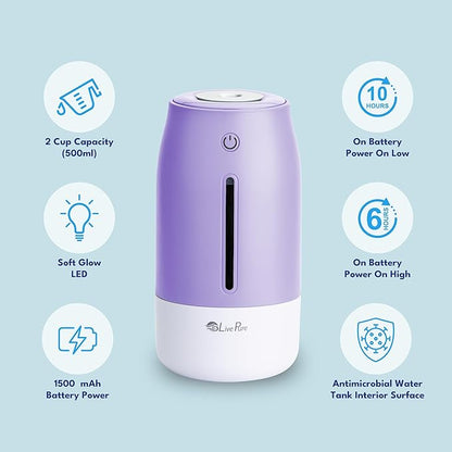 LivePure Cool Mist Humidifiers for Bedroom. Small Humidifier for Babies, Nursery, Plants, Office. Ultrasonic Cool Mist Humidifier w/Quiet Operation, USB-C Rechargeable. Lavender