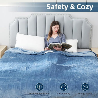 Electric Heated Blanket Throw Size 50"x60", Fast Heating Throw, Soft Microplush for Sofa & Office,6 Heating Levels & 1-10 Hours Auto Off, Machine Washable, Gifts for Family-Light Blue