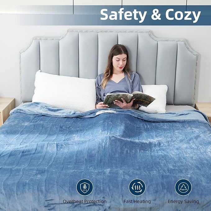 Electric Heated Blanket Full Size 72"x84",Fast Heating, Soft Microplush for Bed & Couch, 1-10Hs Auto Off & 6 Heating Levels, Machine Washable, Gifts for Grandma & Family-Light Blue Grey