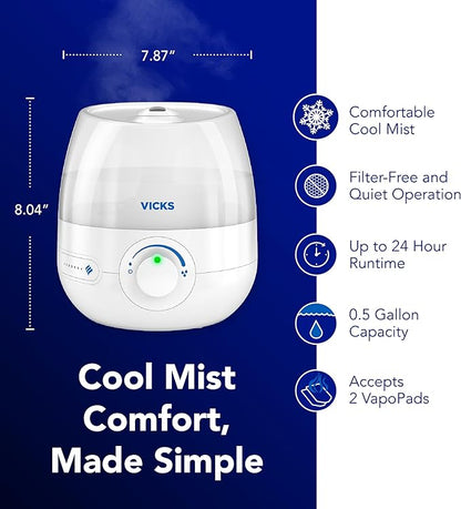 Vicks Mini Filter Free Cool Mist Humidifier, Small Room – Variable Mist Control – Works with Vicks VapoPads