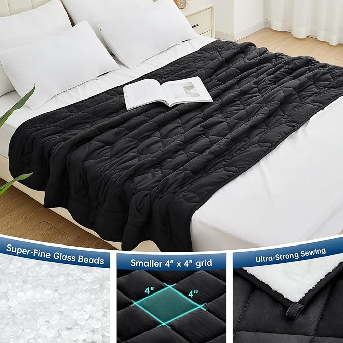 OMYSTYLE Sherpa Reversible Weighted Blanket, Cooling Heavy Blanket for Adults, Reversible Design with Plush Sherpa Fleece and Velvety Brushed, Queen Size(15lbs, 80''x87''), All Season Use, Black