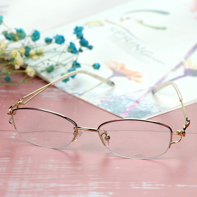 LifeArt Alloy Semi-Rimless Reading Glasses,Blue Light Blocking Glasses, Anti Eyestrain, Computer Gaming Glasses, TV Glasses for Women Men, Anti Glare (Golden, +2.00 Magnification)