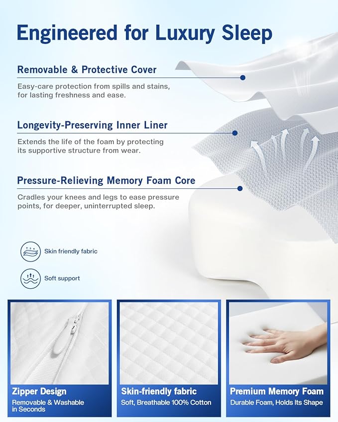 Knee Pillow for Side Sleepers, Leg Pillow for Hip Pain Relief & Spine Alignment, Memory Foam Pillow Between Knees with Adjustable Strap, Relief for Back, Sciatica, Joints