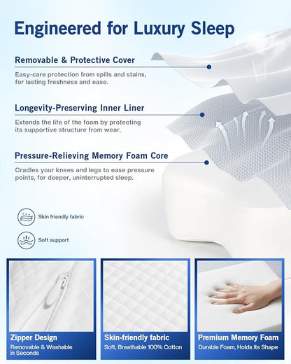 Knee Pillow for Side Sleepers, Leg Pillow for Hip Pain Relief & Spine Alignment, Memory Foam Pillow Between Knees with Adjustable Strap, Relief for Back, Sciatica, Joints