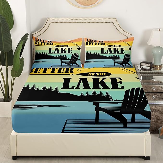 Lake Theme Kids Fitted Sheet Twin Size,Camping Outdoor Adventure Bedding Set,Boys Girls Room Decor,Lake House Fishing Rustic Cabin Bed Cover,Blue Black Bed Sheet,1 Pillowcase(No Top Sheet)