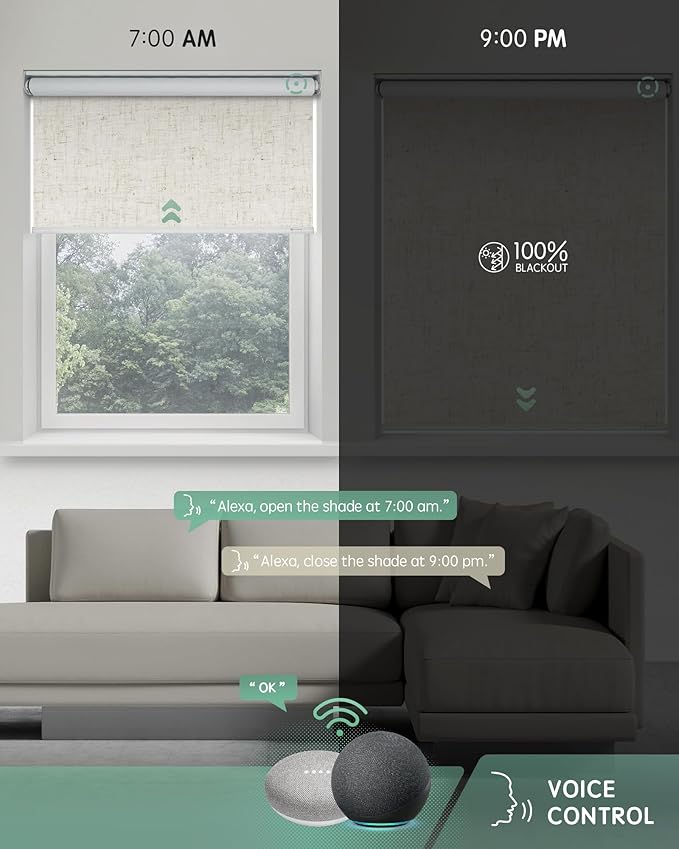 Yoolax Motorized Roller Shades, Blackout, Smart, Energy Efficient, Linen Beige, 59"W x 72"H, Compatible with Alexa