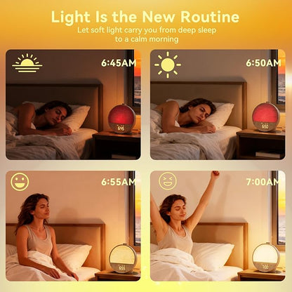 Vivilumens Wood Grain Sunrise Alarm Clock, Gentle Wake-Up Light Sound Machine, Dual Alarms for Heavy Sleepers, Natural Sounds, RGB Mood Light, Dimmable Bedside Night Lamp, Ideal for Bedroom & Gifts