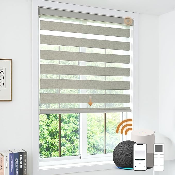 Motorized Zebra Blinds, Cordless Blackout Window Shades with Remote, Custom Dual Layer Smart Roller Shades Compatible with Alexa Google Assistant, Automatic Light Filtering Blinds,Warm Grey