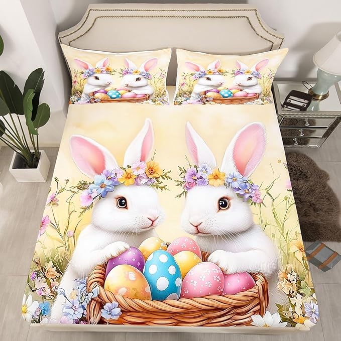 Happy Easter Fitted Sheet Queen Size Cute Rabbits Eggs Floral Bedding Set for Kids Bedroom Flower Rustic Animal Bed Sheet Set 3pcs Yellow Colorful Deep Pocket Mattress Cover,No Top Flat