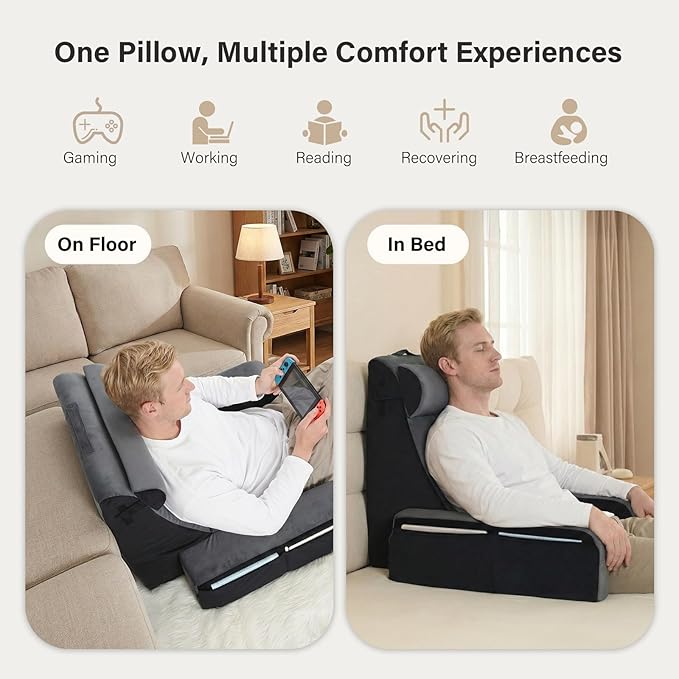Vekkia 25" Extra-Large Reading Pillow for Tall Adults – 60° Ergonomic Wedge Back Pillow with Built-in Armrests, Adjustable Headrest & Large Pockets – Ideal for Sitting in Bed, Reading, TV, and Gaming