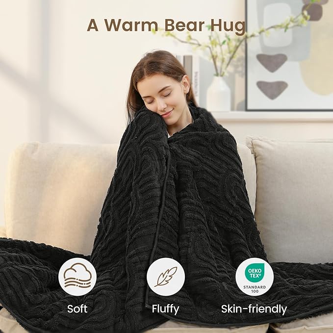 Sherpa Fleece Adult Weighted Blanket Great for Sleep, 15 lbs Dual Sided Soft Fuzzy Heavy Blankets for Couch Bed Sofa, Cozy Warm Fluffy Arched Jacquard Throw for Winter (Black, 48" x 72", 15 Pounds)
