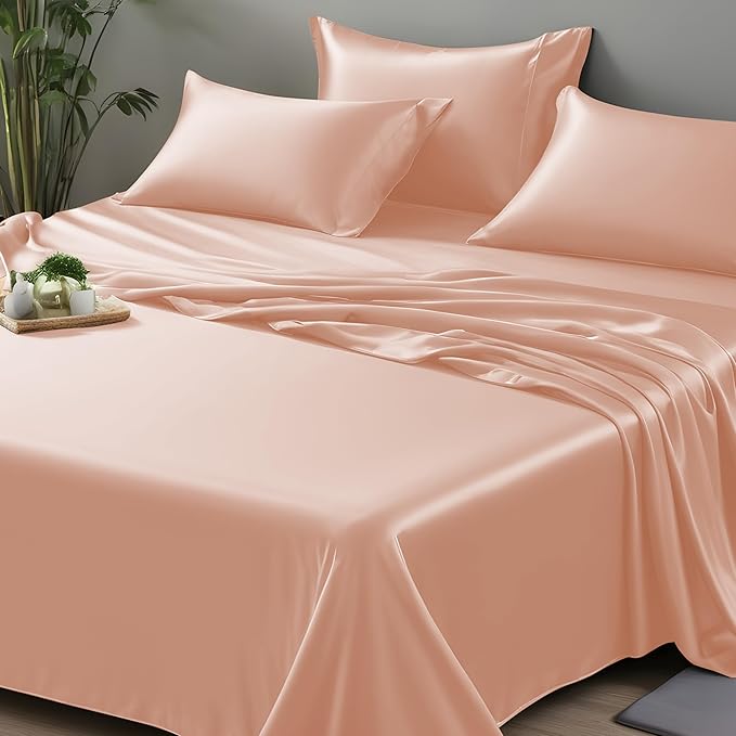 LINENWALAS Queen Flat Sheet Only - Rayon Derived from Bamboo Silk Bed Sheet, Premium Breathable Cooling Sheet, Soft Top Sheet (Queen, Rose Gold)