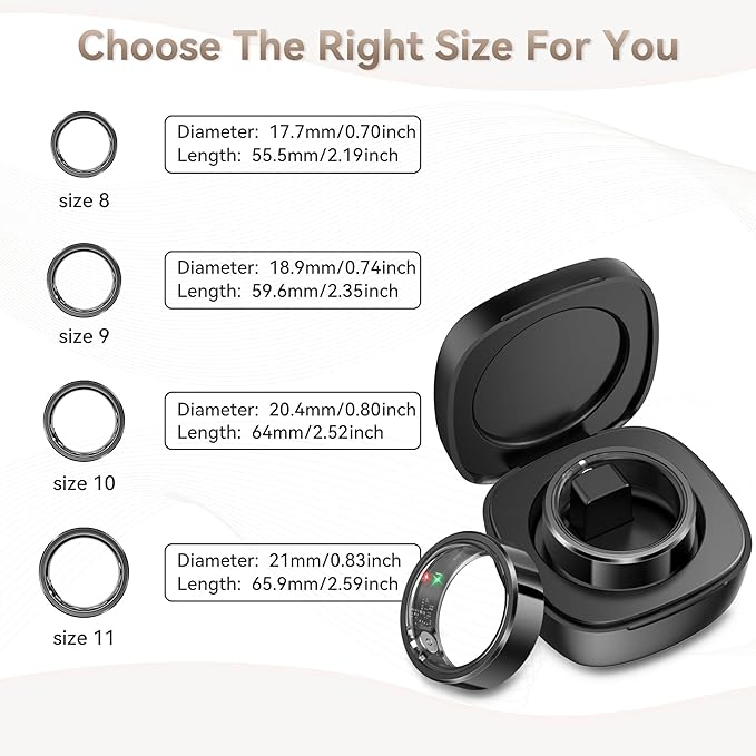 Smart Ring for Men,Fitness & Activity Tracker with Blood Oxygen/Heart Rate Monitor, Sleep Tracker, Step Counter, IP68 Waterproof Ring for iOS & Android, Fast Charge, No Subscription (Black, Size9）