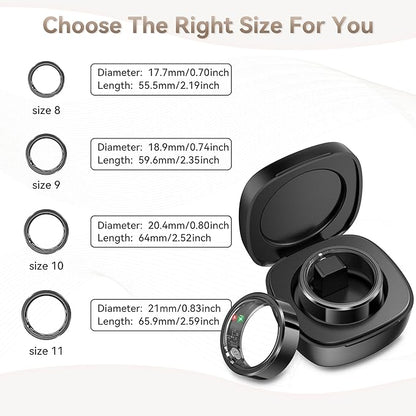 Smart Ring for Men,Fitness & Activity Tracker with Blood Oxygen/Heart Rate Monitor, Sleep Tracker, Step Counter, IP68 Waterproof Ring for iOS&Android, Fast Charge, No Subscription (Black, Size11）