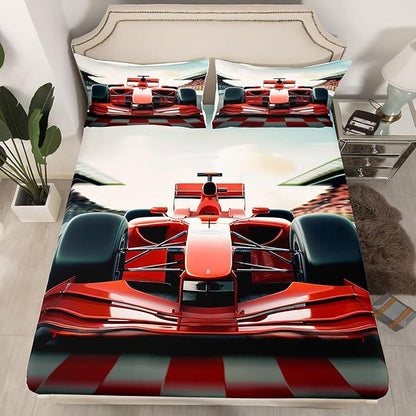 Manfei 3D Red Formula Car Bedding Set Twin Size Cool Racing Car Bed Set for Teens Bedroom Decor Kids Sheet Microfiber Racing Speed Sport Bed Cover(1 Fitted Sheet+1 Pillow Case) No Flat Sheet
