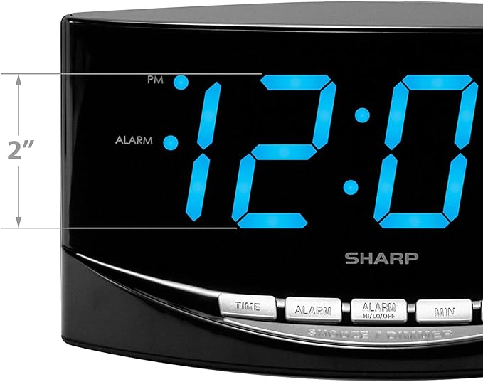 Sharp Easy to See Alarm Clock with Jumbo 2” Numbers - Bright Blue LED Display - Easy Set-up & Simple to Use –See from Across The Room! - High/Low Alarm Volume