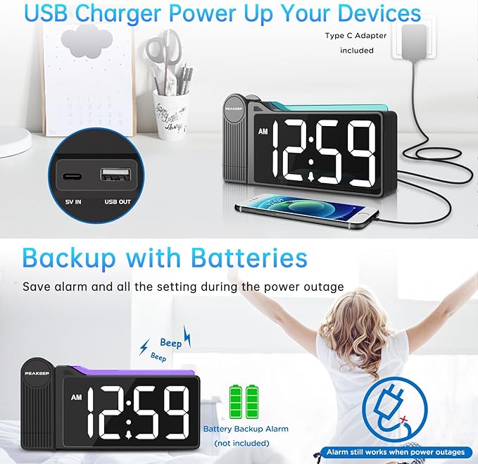Peakeep Projection Alarm Clock for Bedroom Ceiling 180° Rotatable, Loud for Heavy Sleepers, Colorful Nightlight, 5 Brightness Dimmable Large Number Bedside Electric LED Digital Clock with USB Port