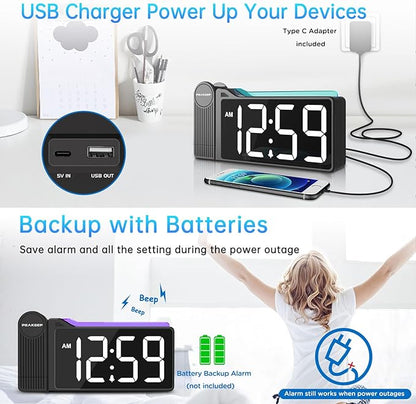 Peakeep Projection Alarm Clock for Bedroom Ceiling 180° Rotatable, Loud for Heavy Sleepers, Colorful Nightlight, 5 Brightness Dimmable Large Number Bedside Electric LED Digital Clock with USB Port
