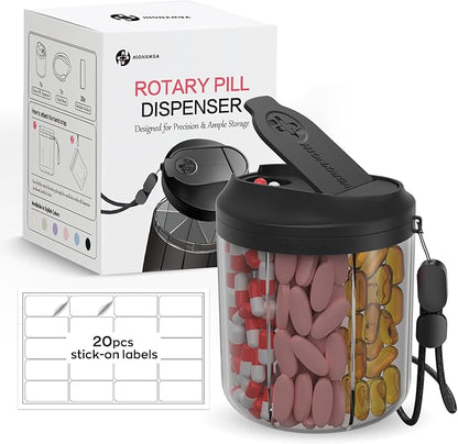 Pill Dispenser with 7 Large Compartments, 4.4" H x 3.6" Dia Pill Organizer for Travel, Supplement Organizer with Anti-Mixing Design, BPA-Free Pill Container with 20 Pcs Labels, Black