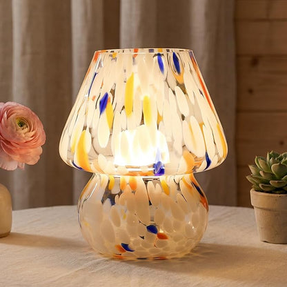 Cordless Mushroom Lamp-Modern Small Battery Operated Table Lamp with Timer for Home Decor,Aesthetic Glass Battery Powered Lamp for Bedroom/Kitchen/Living Room/Shelf Decor(White&Blue)