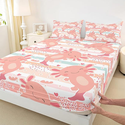 Cute Axolotl Sheet Set Queen Size,Cartoon Sea Animals Bed Sheet Set 4pcs with Deep Pocket Fitted Sheet + Flat Sheet + 2 Pillowcases,Rainbow Stripes Romantic Bedding Set,Kids Girls Boys Xmas Gifts