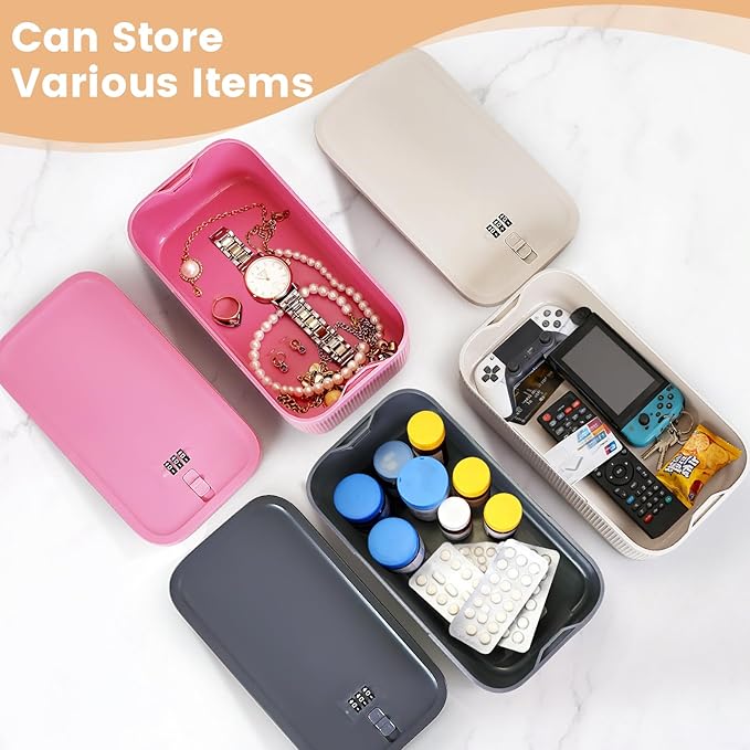 Small Lock Box,Lockable Storage Box with Combination Code for Medication Safe, Medicine Lock Box for Pills/First Aid Kits/Food/Snack Phone Jail,Locked Container for Home/Fridge/Office/School (Beige)