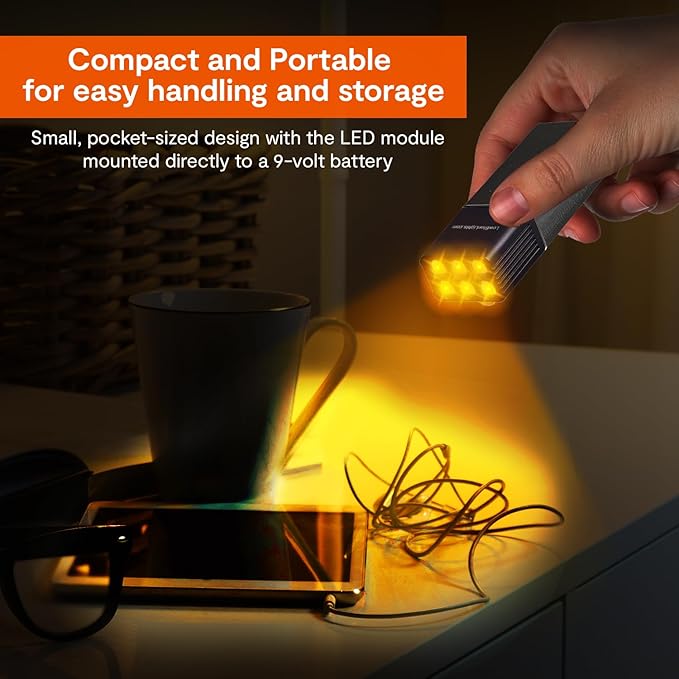 LowBlueLights Mini Amber Flashlight, 9V-Battery, Blue Light Blocking Amber LED Flashlight, Small Pocket Flashlight for Eye Care & Sleep Aid