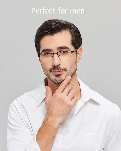 ANRRI Blue Light Glasses for Men Semi Rimless Rectangle Metal Frame UV Blocking Computer Glasses