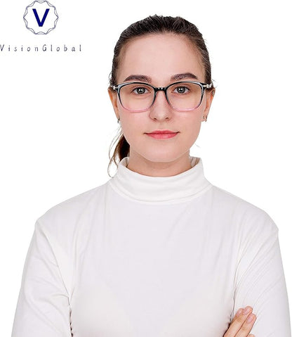 VisionGlobal Blue Light Blocking Glasses for Women/Men, Anti Eyestrain, Computer Reading, TV Glasses, Stylish Square Frame, Anti Glare(Black Purple,+5.75 Magnification)
