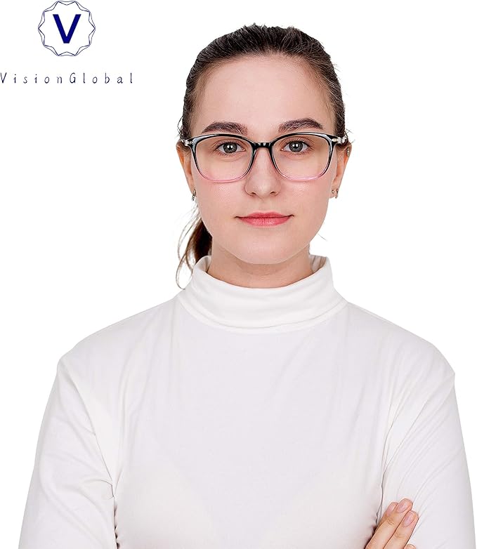 VisionGlobal Blue Light Blocking Glasses for Women/Men, Anti Eyestrain, Computer Reading, TV Glasses, Stylish Square Frame, Anti Glare