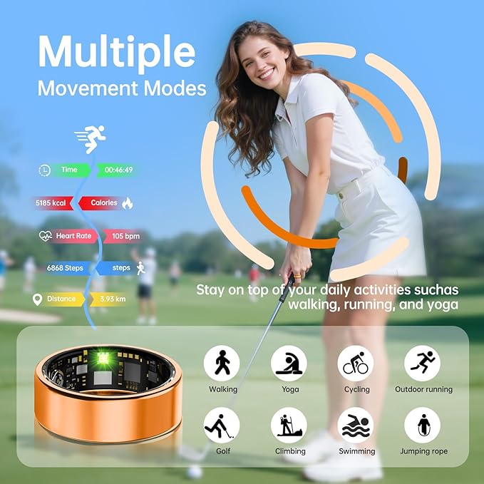 Smart Ring for Women & Men, Health Tracker Ring with Heart Rate, Blood Oxygen,Blood Pressure, IP68 Waterproof Fitness Ring, Sleep Tracker for iPhone and Android, No APP Fee (Orange, 7#)