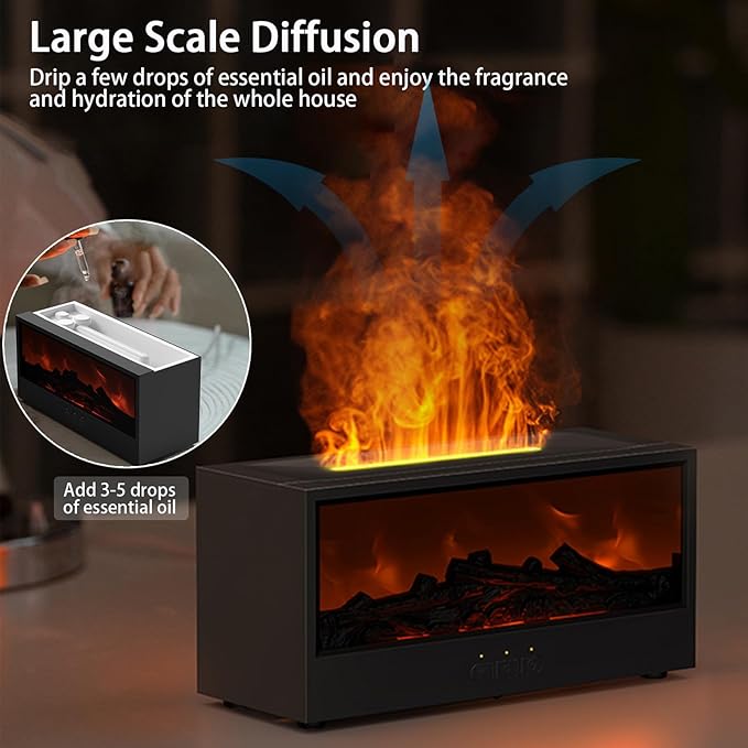 Fireplace Flame Diffuser, 150ml Desktop Intelligent Ultrasonic Essential Oil Diffuser, 7-Color Flame Simulation Firewood Diffuser, Remote Control, Timer & Auto-Off for Home, Room (Black)
