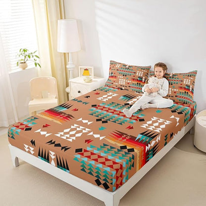 Aztec Kids Full Size Fitted Sheet,Western Tribal Abstract Boys Girls Bed Sheets,Rustic Farmhouse Triangle Room Decor,Brown Teal Bedding Set,2 Pillowcases(No Flat)