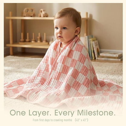 Ultra-Soft Muslin Baby Blanket - Swaddle & Crib for Girls, Pink Checkered (1-Pack)
