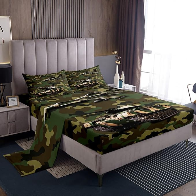 Manfei Aircraft Sheet Set King Size, Army Camo Tank Airplane Bed Sheet Set 4pcs with Deep Pocket Fitted Sheet + Flat Sheet + 2 Pillowcases, Green Camouflage Bedding Set for Kids Boys Teens Room Decor