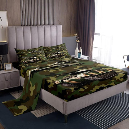 Manfei Aircraft Sheet Set King Size, Army Camo Tank Airplane Bed Sheet Set 4pcs with Deep Pocket Fitted Sheet + Flat Sheet + 2 Pillowcases, Green Camouflage Bedding Set for Kids Boys Teens Room Decor
