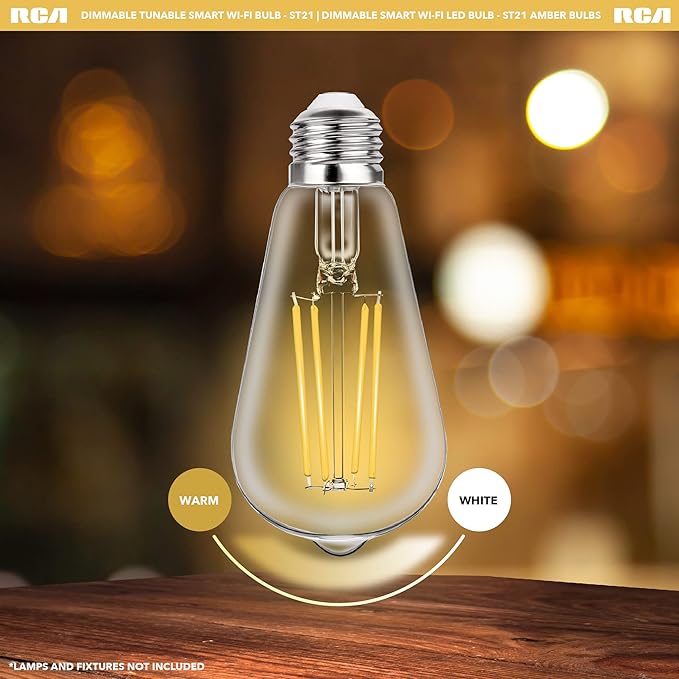 RCA WiFi Smart Light Bulb ST21 Vintage Amber LED, 8W 60W Equivalent, Dimmable & Tunable Edison Bulb, Alexa Devices & Google Home Compatible, E26 Smart Bulb for Bedroom Living Room