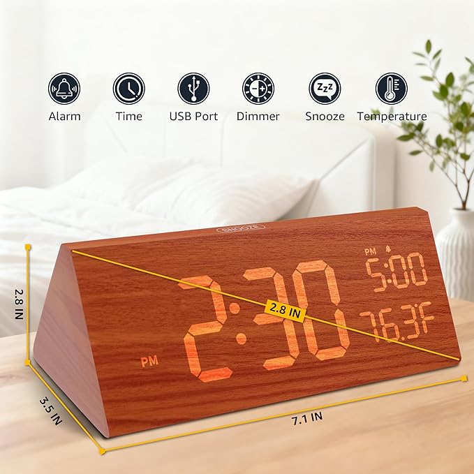 OhM-ega Wooden Digital Alarm Clock, Electric Clocks with Dual USB Port, Large Numbers, Temperature Display, Brightness Dimmer, Sound-Activated Display, Snooze, 12/24H, Brown