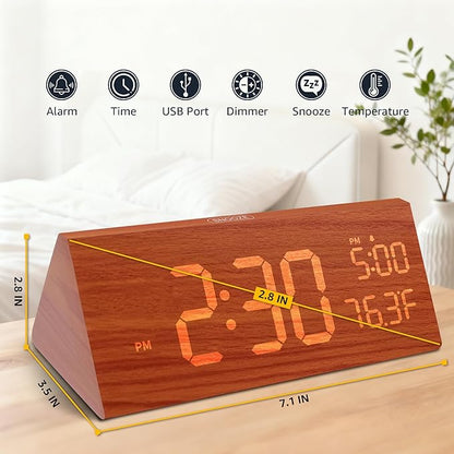 OhM-ega Wooden Digital Alarm Clock, Electric Clocks with Dual USB Port, Large Numbers, Temperature Display, Brightness Dimmer, Sound-Activated Display, Snooze, 12/24H, Brown