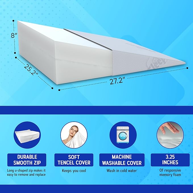Sleepnitez Fsa Eligible 8" Bed Wedge Pillow – Memory Foam Wedge for Sleeping, Acid Reflux Pillow for Snoring, GERD, Pregnancy, Sleep Apnea, Reading – Luxurious 3.25" Memory Foam Top Layer