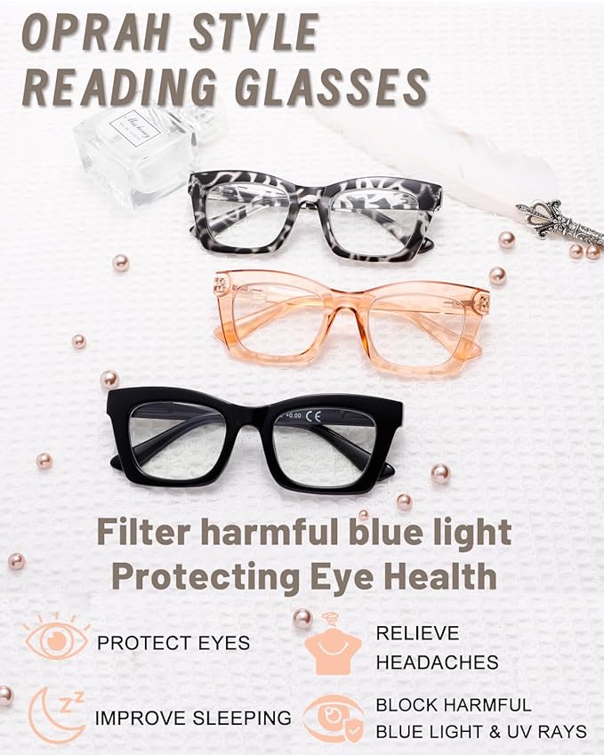 Hubeye Oprah Style Reading Glasses for Women Men Blue Light Blocking Computer Square Readers with Spring Hinge