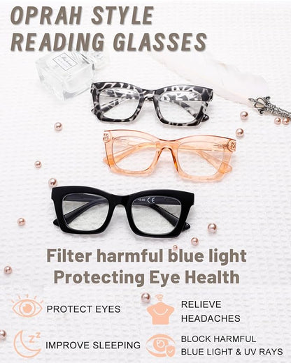 Hubeye Oprah Style Reading Glasses for Women Men Blue Light Blocking Computer Square Readers with Spring Hinge