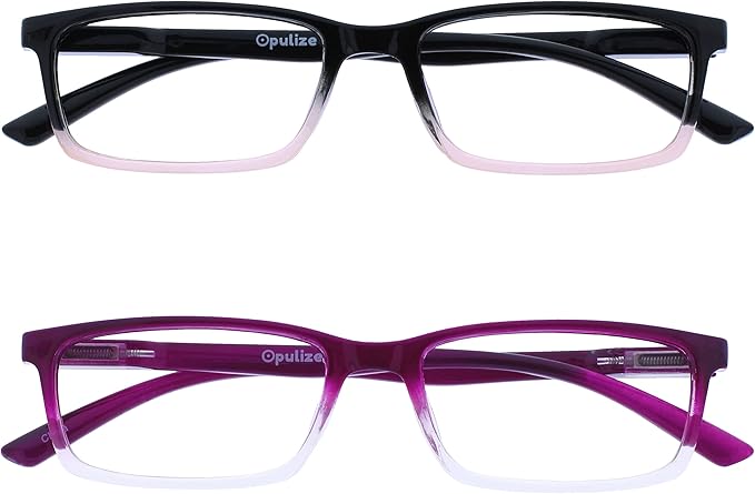 OPULIZE SEE Reading Glasses with Blue Light Blocking for Women and Men, Narrow Frame, Spring Hinges, Computer Gaming Glasses, Black to Pink,Purple +3 (Pack of 2)